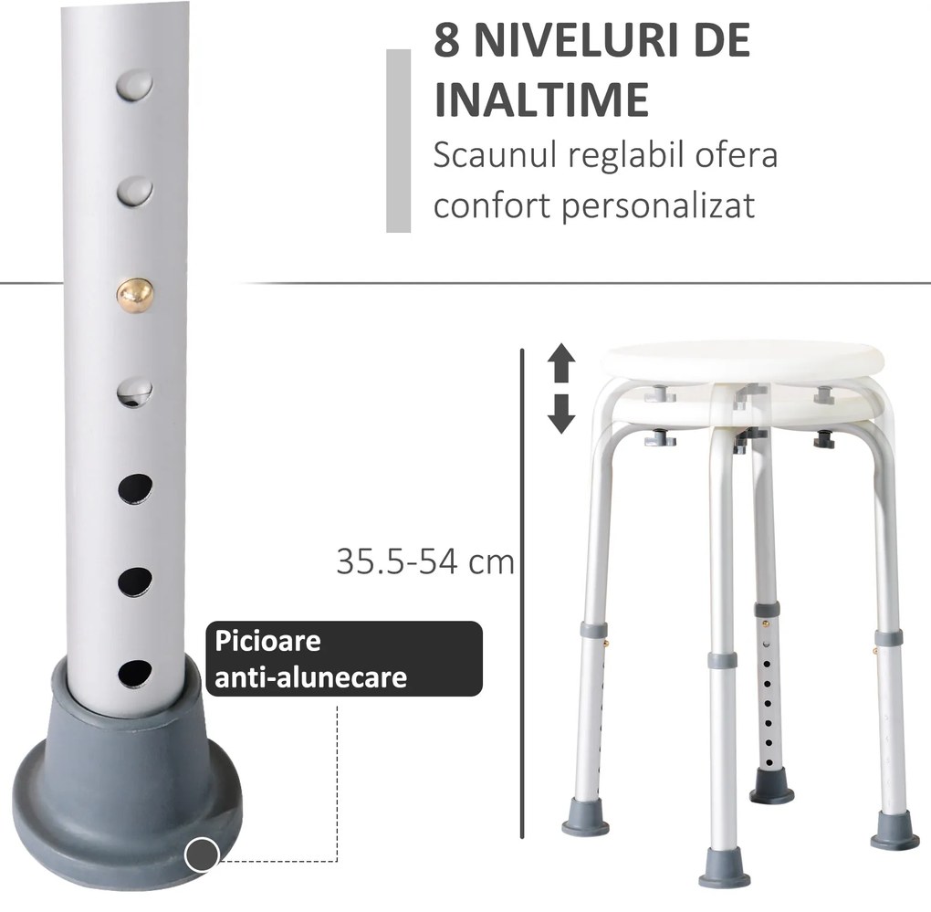 HOMCOM Scaun de Duș pentru Vârstnici cu Înălțime Reglabilă pe 8 Poziții și Picioare Antiderapante, 34.2x34.2x34.8-52.3 cm, Alb | Aosom Romania