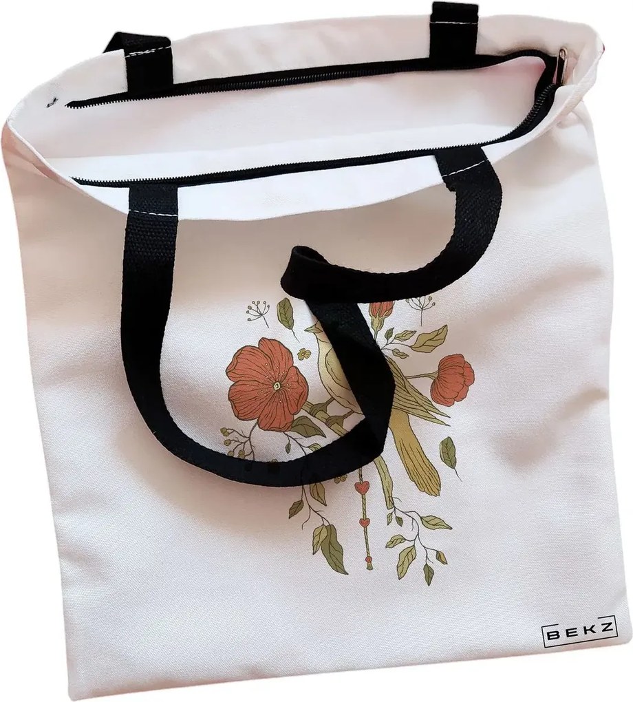 Sacosa de Panza pentru Cumparaturi, Geanta Tote, model Cantec Floral, Cu fermoar, 38x34.5 cm, Alba, BEKZ®