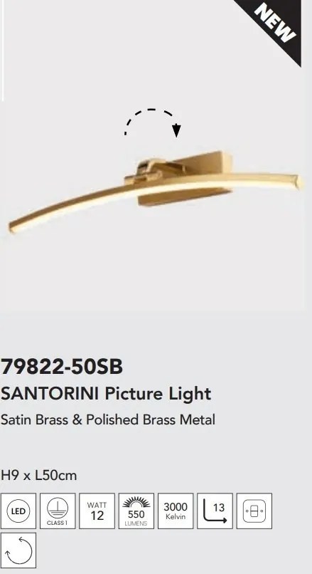 Aplica de perete LED pentru oglinda sau tablou Santorini alama, L-50cm