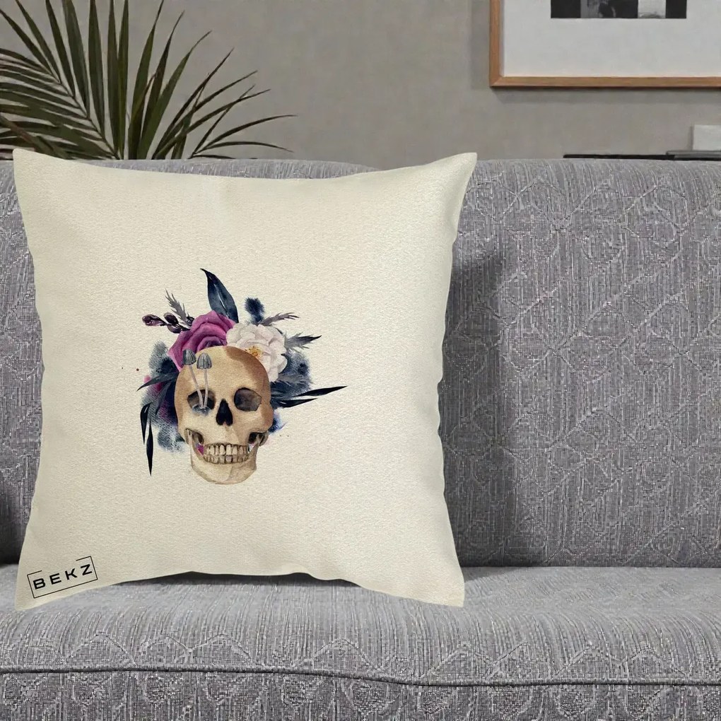 Perna Decorativa Craniu Floral cu Trandafiri si Ciuperci, 40x40 cm, Ecru, Husa Detasabila, Perna Inclusa, BEKZ®