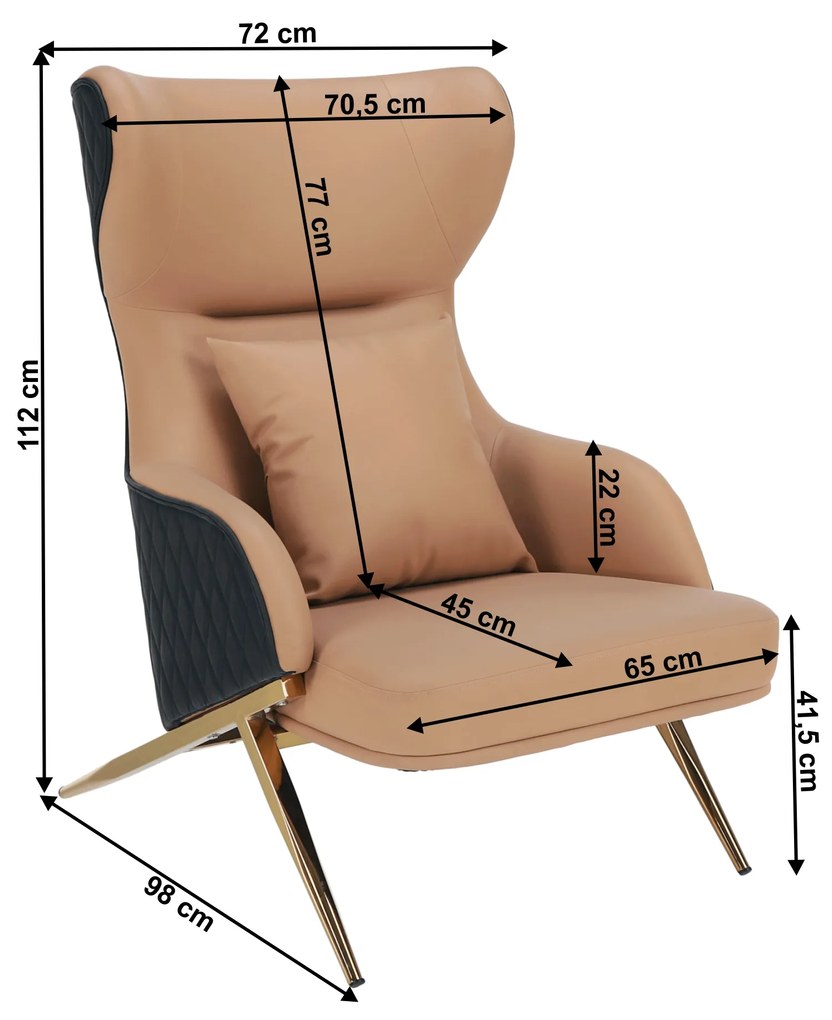 Fotoliu de lux de design, piele ecologică camel / neagră, ARTES