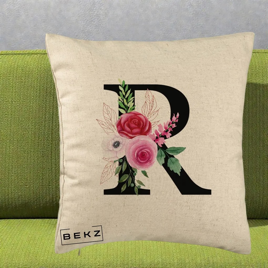 Cadou Personalizat - Perna Personalizata Monograma Florala Litera R, 40x40 cm, Bej, Husa Detasabila, Perna Inclusa, BEKZ®