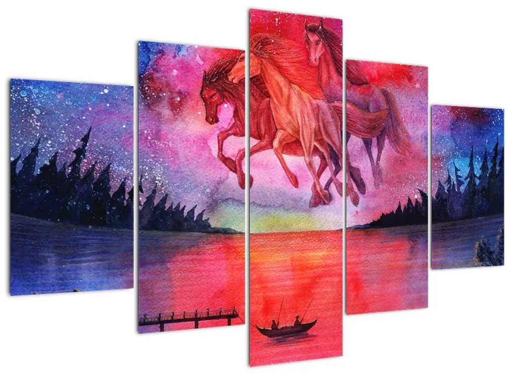 Tablou - Apariția cailor spațiali peste lac, acuarelă (150x105 cm)