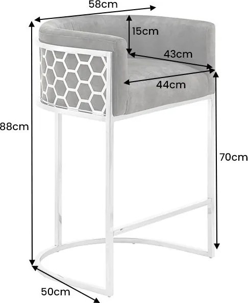 Scaun de bar ELEGANCE catifea gri, otel inoxidabil argintiu