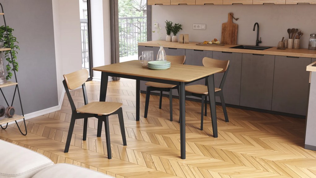 MAZZONI EXPORT ROXY Stejar natural/cadru negru - MASĂ RECTANGULARĂ 120x80 cm DE LEMN PENTRU BUCĂTĂRIE/SUFRAGERIE RETRO