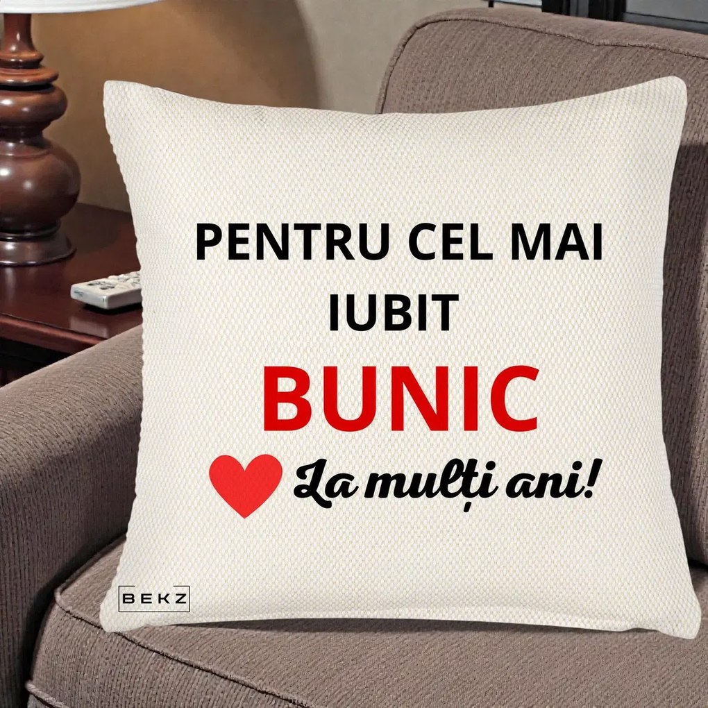 Cadou pentru Bunic - Perna Personalizata Pentru Cel Mai Iubit Bunic La Multi Ani Rosu, 40x40 cm, Crem Reliefat, Husa Detasabila, Perna Inclusa, BEKZ®