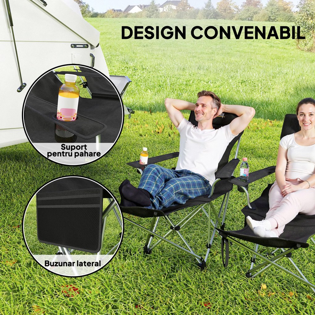 Outsunny Set de 2 Scaune de Camping Pliabile cu Suport pentru Picioare Detașabil, 82x100x88 cm, Negru | Aosom Romania