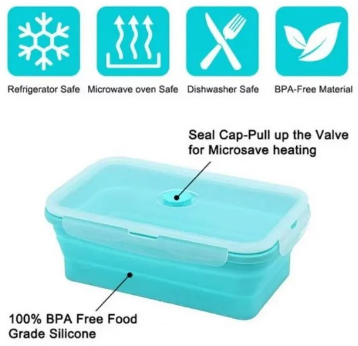 Set 4 cutii pliabile pentru alimente Home&Marker Poplate, 350/500/800/1200 ml, Sigure la microunde si congelator, Fara BPA, Albastru