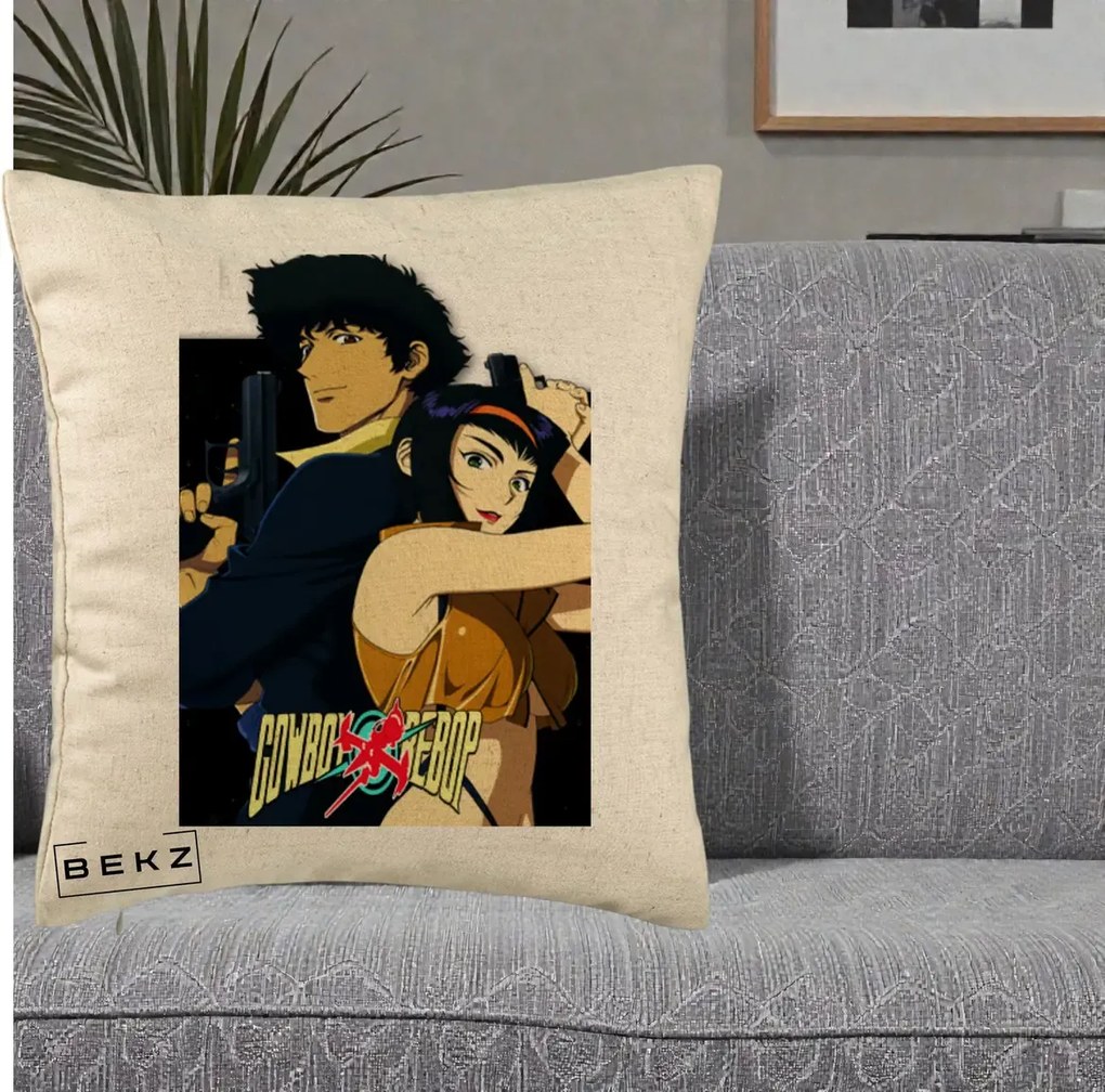 Perna Personalizata Cowboy Bebop Spike si Faye Poster, 40x40 cm, Bej, Husa Detasabila, Perna Inclusa, BEKZ®
