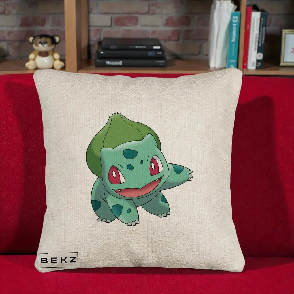 Perna Personalizata Bulbasaur Pokemon, 40x40 cm, Bej Canapea, Husa Detasabila, Perna Inclusa, BEKZ®