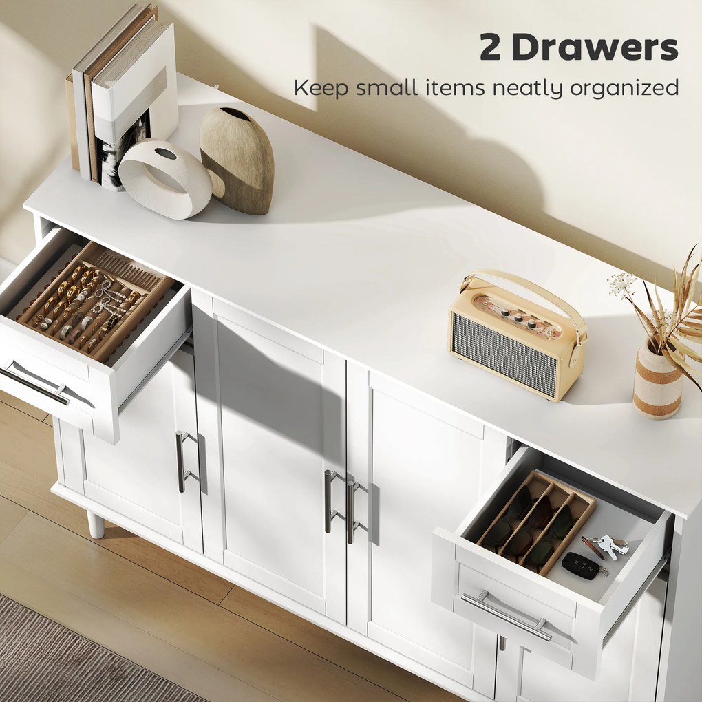 HOMCOM Mobilier de Sufragerie, Credență cu 2 Sertare și 3 Dulapuri cu Rafturi Reglabile, Comodă cu Picioare din Pin pentru Sala de Mese și Bucătărie, 120x38x86 cm, Alb | Aosom Romania