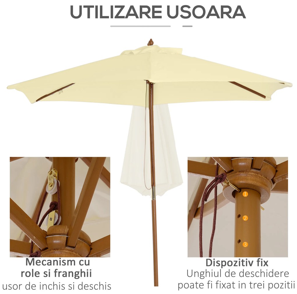Outsunny Umbrelă de Soare pentru Grădină cu Suport din Lemn, Design Elegant, 2.5x2.3m, Crem, Protecție UV | Aosom Romania