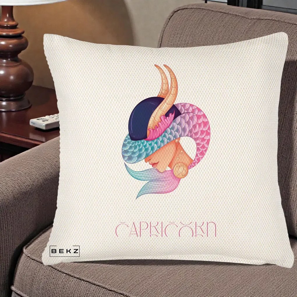 Perna Personalizata Zodiac Capricorn Cowgirl, 40x40 cm, Crem Reliefat, Husa Detasabila, Perna Inclusa, BEKZ®