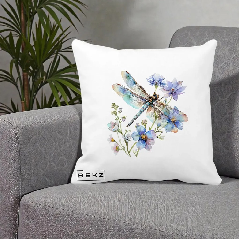 Perna Decorativa Libelula Acuarela Flori Albastre, 40x40 cm, Alba Mata, Husa Detasabila, Perna Inclusa, BEKZ®