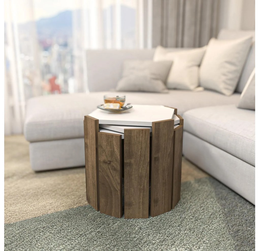 Set 3 măsuțe cafea Lorizolla (alb + nuc). 1106451