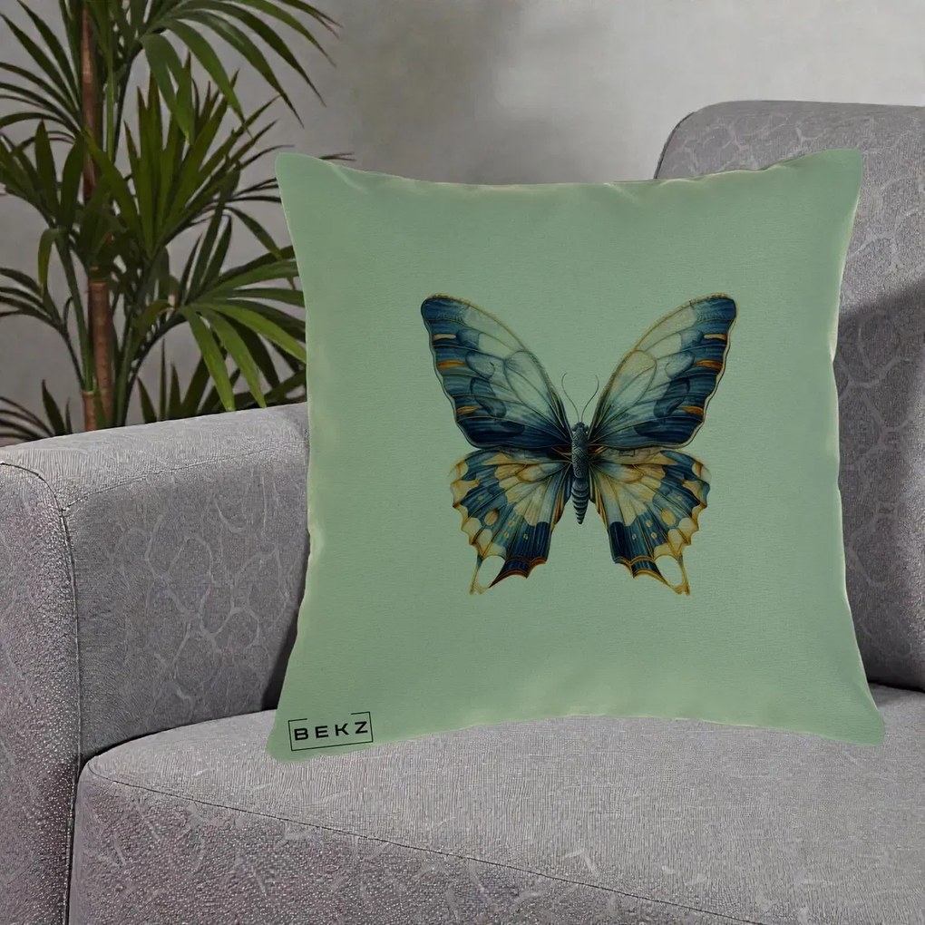 Perna Decorativa Fluture Albastru Auriu Elegant, 40x40 cm, Verde, Husa Detasabila, Perna Inclusa, BEKZ®