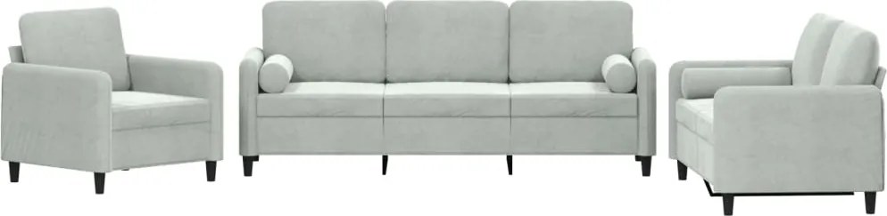 vidaXL Set de canapele, 3 piese, cu perne, gri deschis, catifea