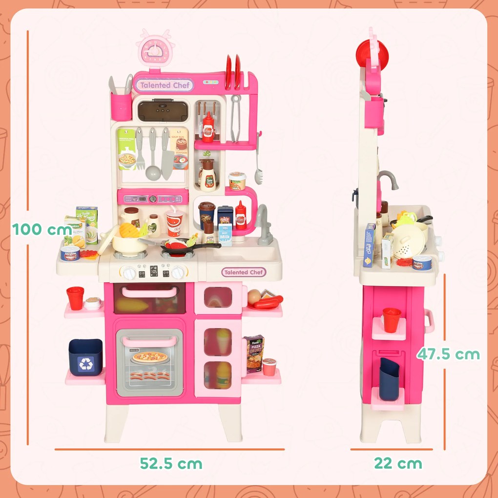 AIYAPLAY Bucătărie de Jucărie pentru Copii 3-6 Ani cu 104 Accesorii, din PP, PE și ABS, 52.5x22x100 cm, Roz | Aosom Romania