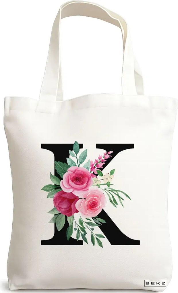 Sacosa de Panza pentru Cumparaturi, Geanta Tote, Cu litera K si Trandafiri, 38x34.5 cm, Alba, BEKZ®