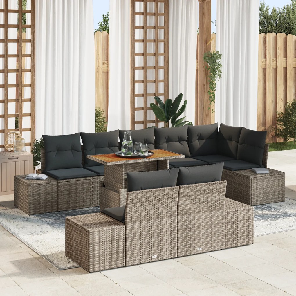 vidaXL Set de dining pentru grădină cu 9 piese și perne gri din ratan și poliester