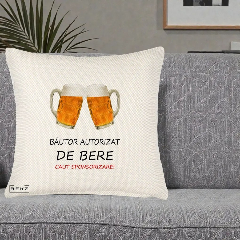 Perna Decorativa Bautor Autorizat de Bere, 40x40 cm, Crem Reliefat, Husa Detasabila, Perna Inclusa, BEKZ®
