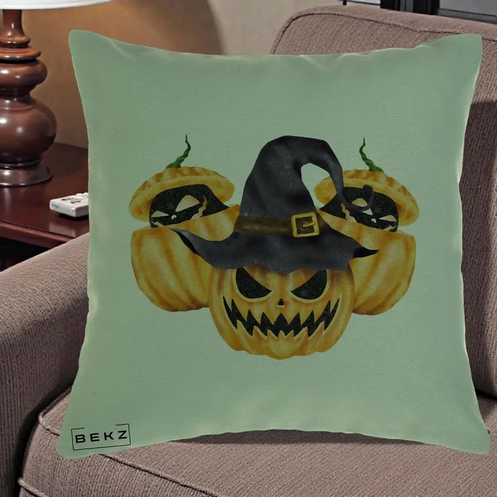 Perna Decorativa Trio Dovleci Jack-o-Lantern cu Palarie Vrajitoare, 40x40 cm, Verde, Husa Detasabila, Perna Inclusa, BEKZ®
