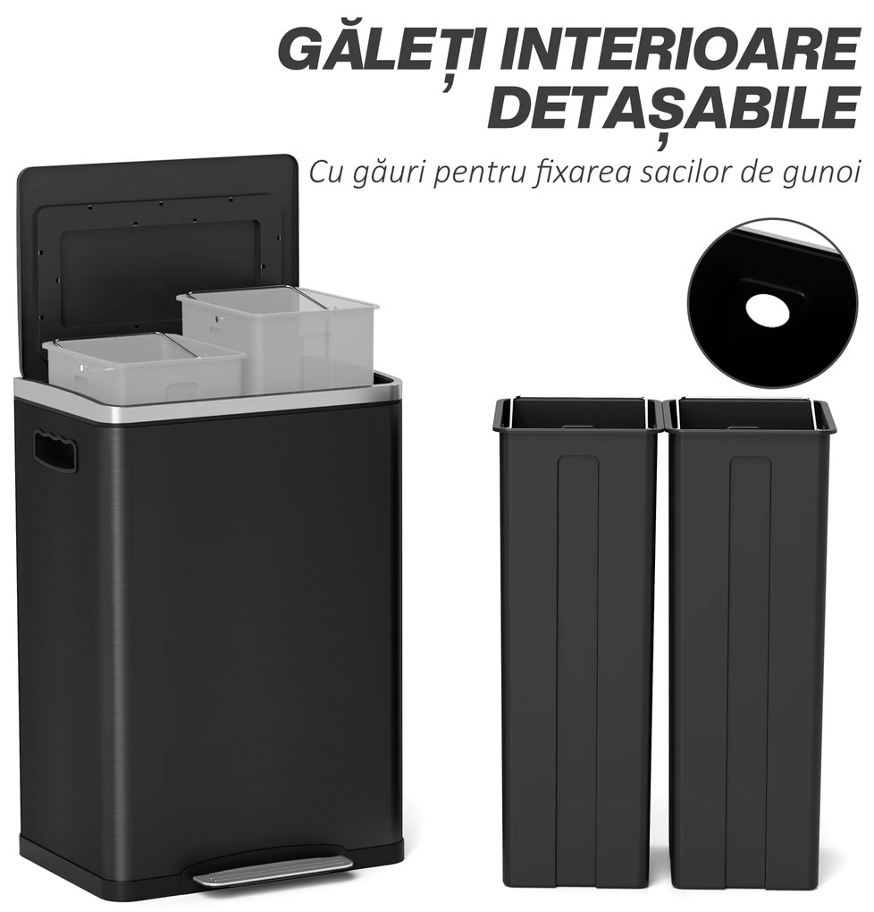 HOMCOM Coș de Gunoi cu 2 Secțiuni de 20L cu Pedală și Capac cu Închidere Moale, din Oțel Inoxidabil și PP, 40x34.8x59 cm, Negru | Aosom Romania