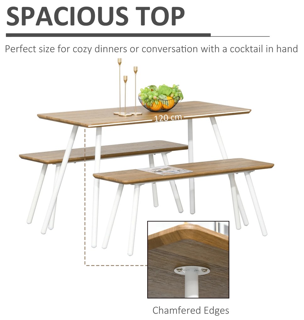 HOMCOM Set Masa și 2 Bănci, Design Modern, MDF Alb, Ideal pentru Bucătărie sau Zonă de Dining, Spațiu Eficient și Stilat | Aosom Romania