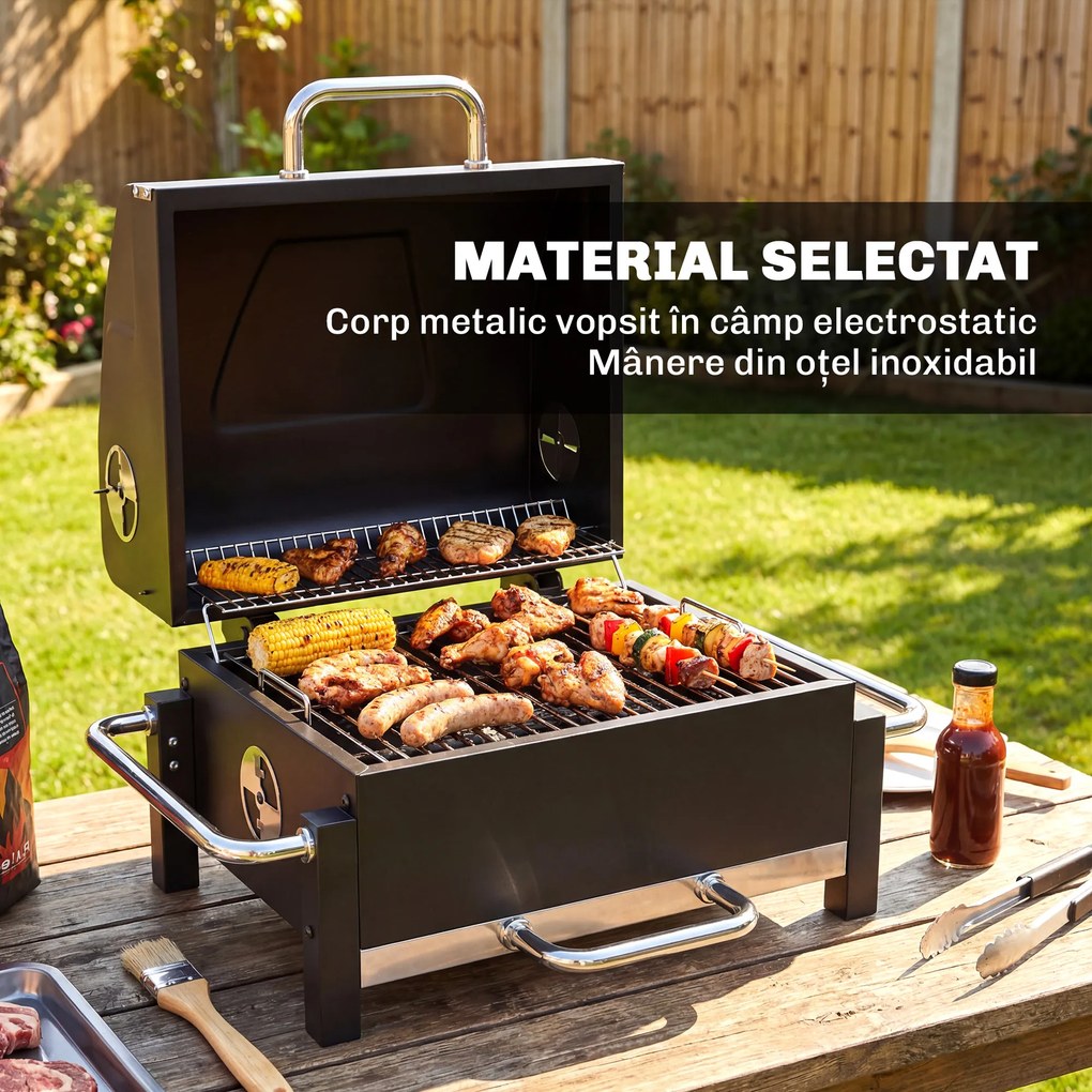 Outsunny Grătar Pe Cărbuni cu Orificii de Ventilație, Sertar pentru Cenușă, Grătar Portabil cu Termometru, Grătare, Capac, Mâner din Oțel Inoxidabil, BBQ pe Cărbuni pentru Grădină Camping, Negru | Aosom Romania