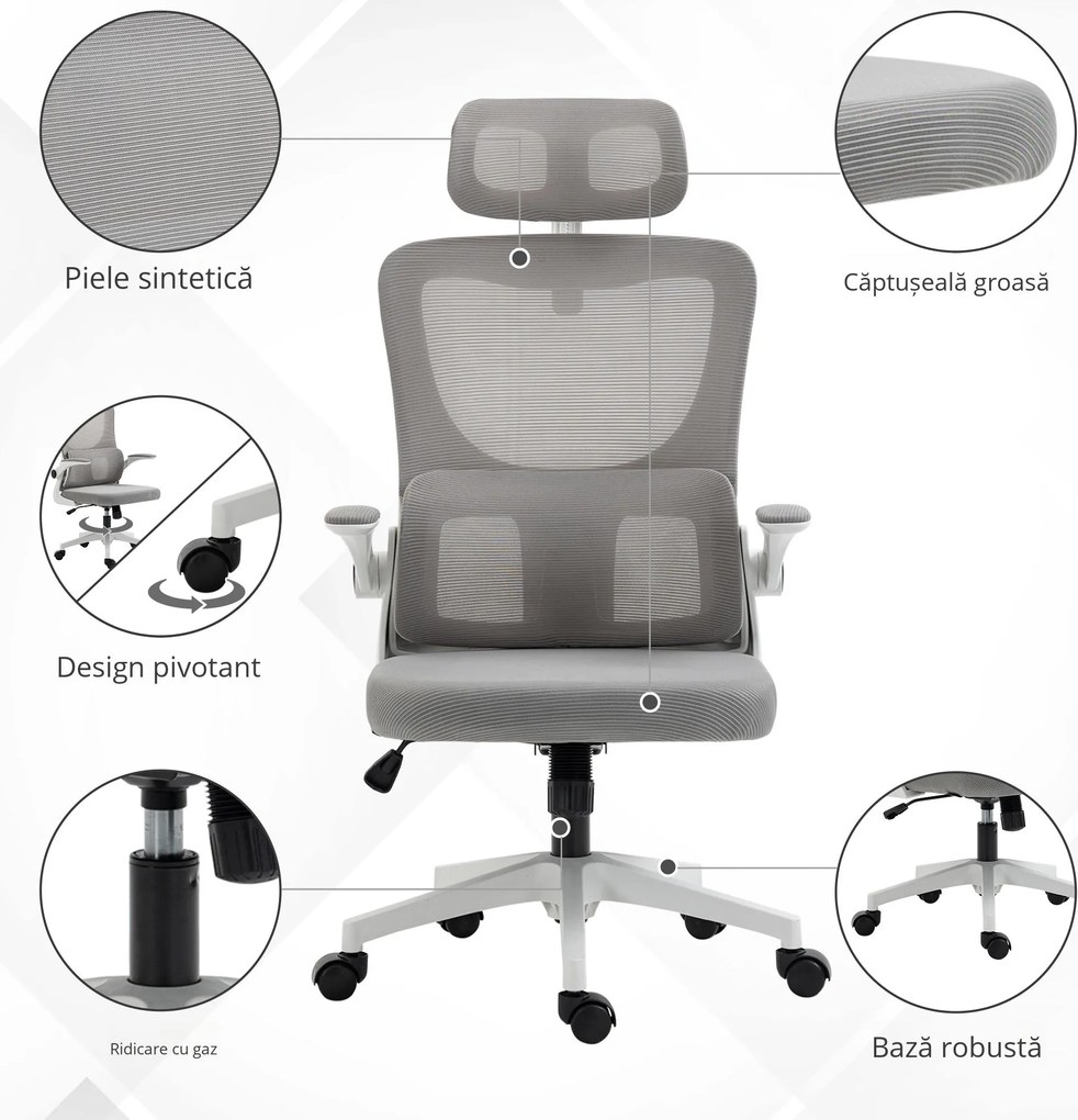 Vinsetto Scaun Ergonomic de Birou, Tetieră Reglabilă, Suport Lombar, 70x66x120-128 cm, Gri | Aosom Romania