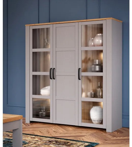 Vitrina Cu 3 Usi Behalf Stejar Riviera Si Stejar Gri, 151.1 Cm