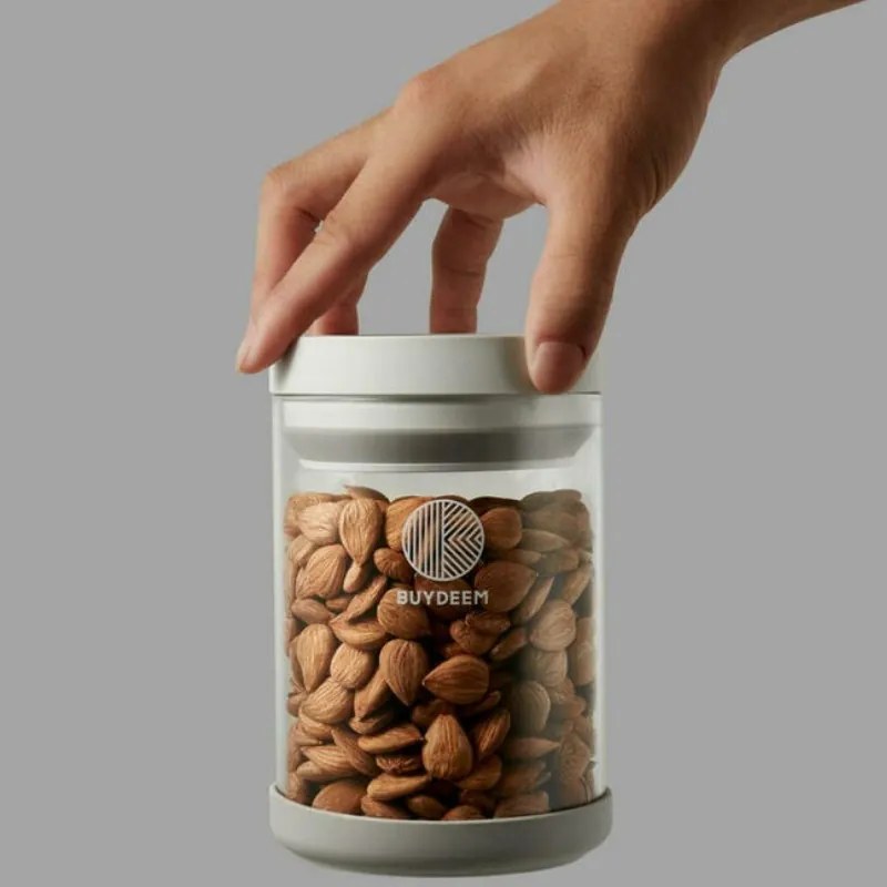 Recipient de sticla pentru depozitare BUYDEEM CS1004, 600 ml, Inchidere ermetica, -20 °C la 300 °C, Potrivit pentru congelator, microunde si cuptor, Alb
