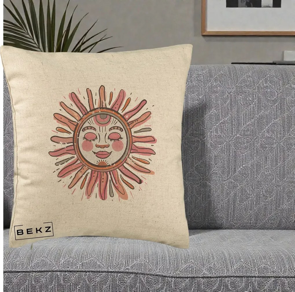 Perna Decorativa Soare Roz Tribal, 40x40 cm, Bej, Husa Detasabila, Perna Inclusa, BEKZ®