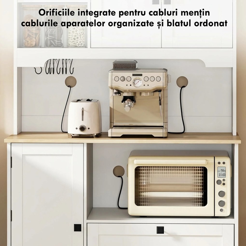 HOMCOM Bufet de Bucătărie Înalt 162 cm, Mobilier de Depozitare cu 2 Dulapuri, 2 Sertare, Suport Condimente, Orificii pentru Cabluri, Rafturi Reglabile, Blat pentru Cuptor cu Microunde, Suporturi pentru Cești, Alb | Aosom Romania