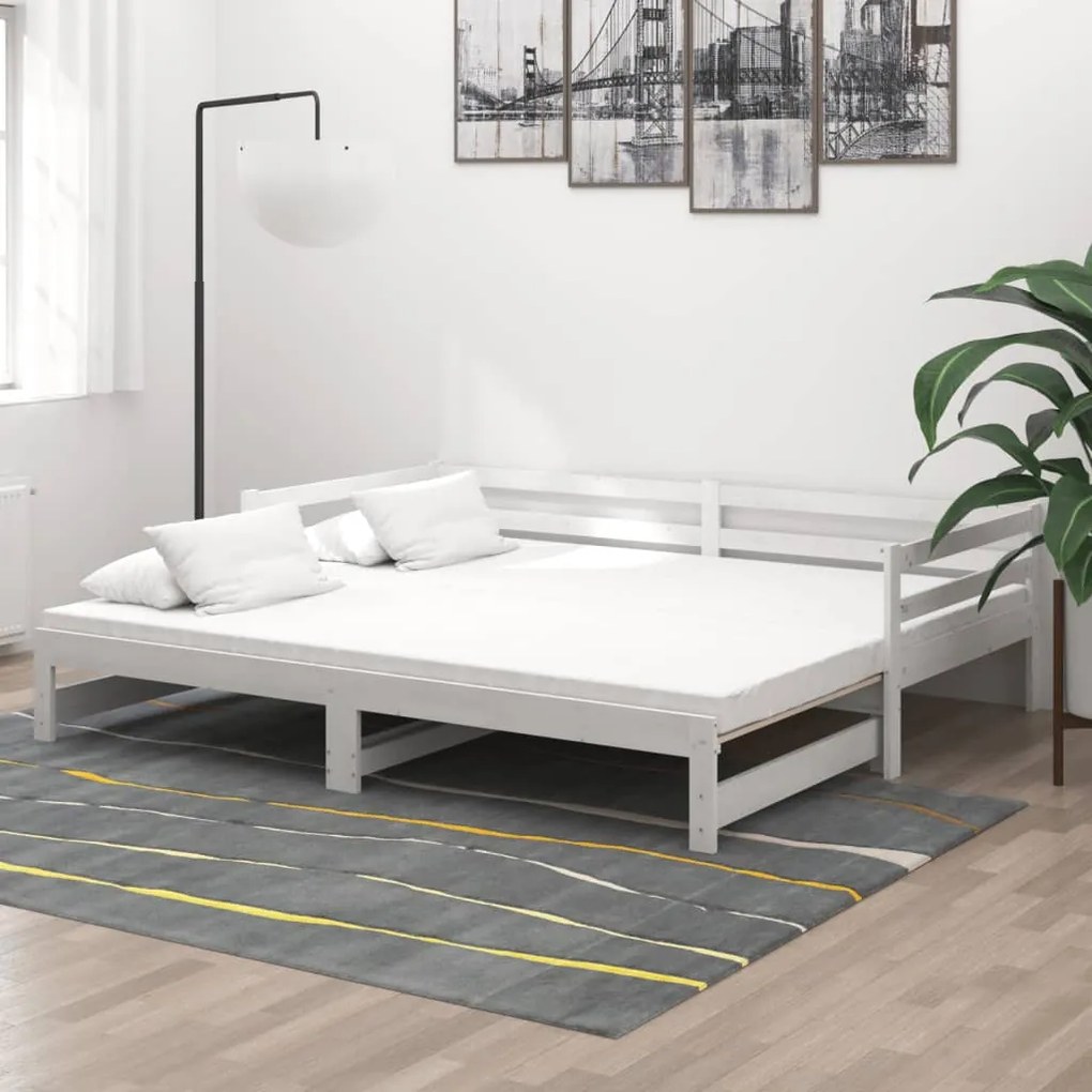 3083655 vidaXL Pat extensibil de zi, 2x(90x200) cm, alb, lemn masiv de pin