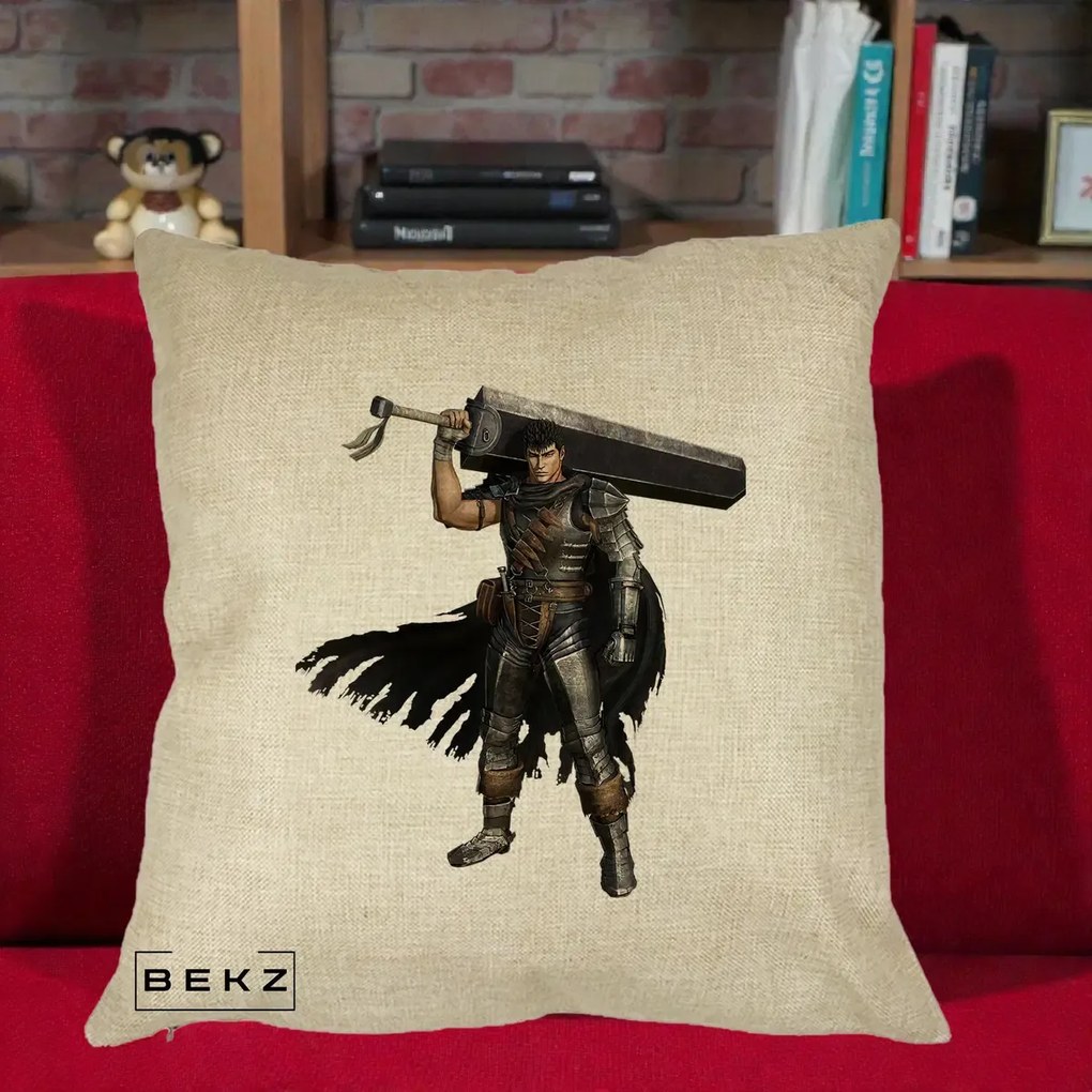 Perna Personalizata Berserk Guts Luptatorul Negru, 40x40 cm, Crem, Husa Detasabila, Perna Inclusa, BEKZ®