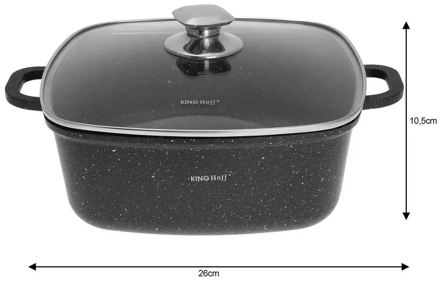 Oală pătrată cu capac 26x26 cm, 5.5L – Kinghoff KH 1604, strat marmură, culoare neagră, pentru toate tipurile de plite