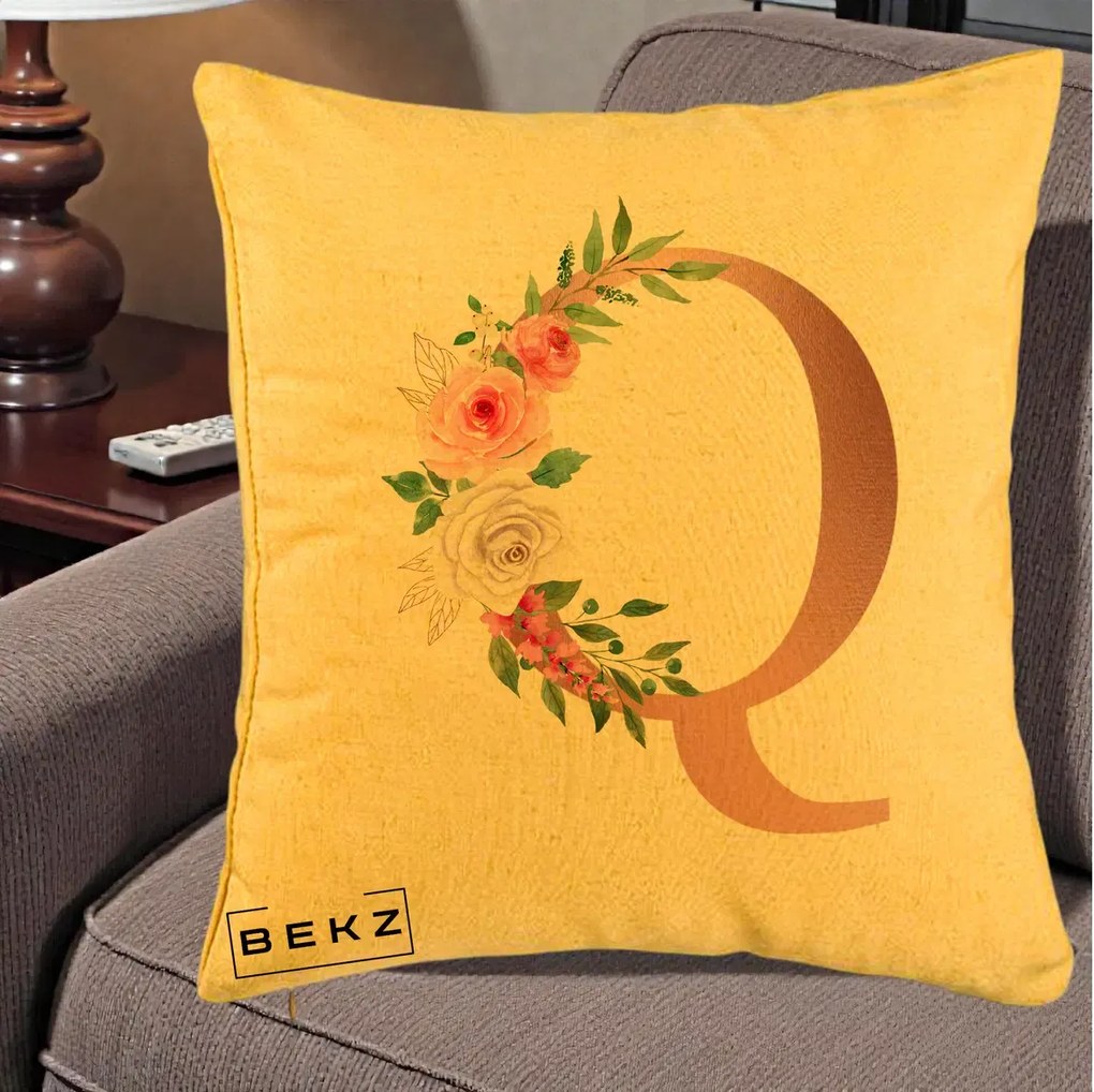Cadou Personalizat - Perna Personalizata Monograma Rose Gold Litera Q, 40x40 cm, Galben, Husa Detasabila, Perna Inclusa, BEKZ®
