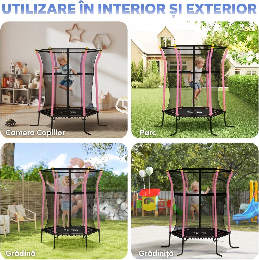 HOMCOM Trambulină Elastică pentru Copii 3-10 Ani cu Intrare cu Fermoar și Bare Căptușite, Ø163,5x190 cm, Roz | Aosom Romania