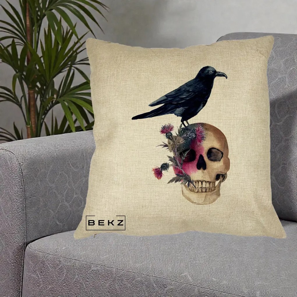 Perna Decorativa Craniu cu Corb si Flori Gothic, 40x40 cm, Crem, Husa Detasabila, Perna Inclusa, BEKZ®