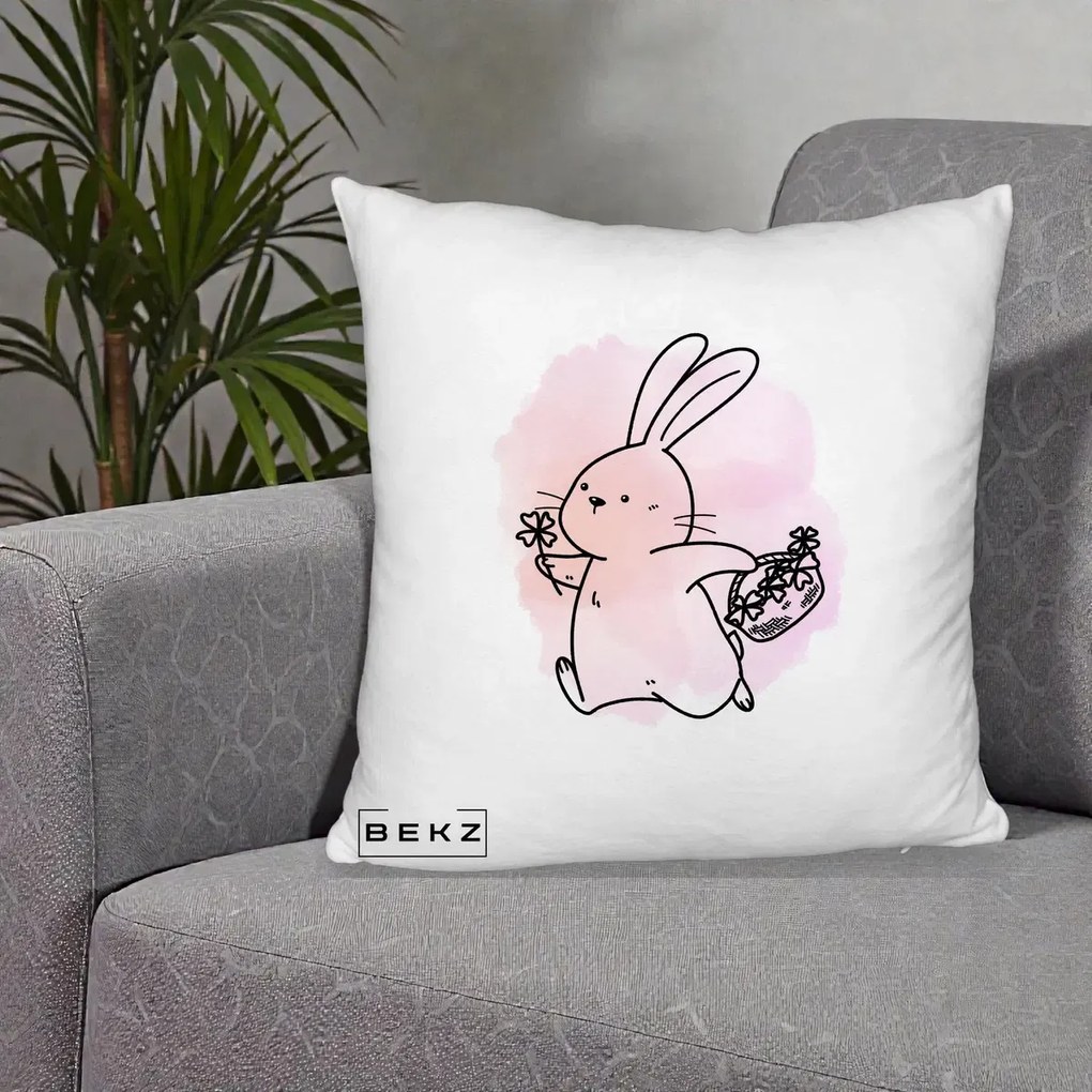 Perna Decorativa Iepuras Kawaii cu Cosulet Floral, 40x40 cm, Alb Pufos, Husa Detasabila, Perna Inclusa, BEKZ®