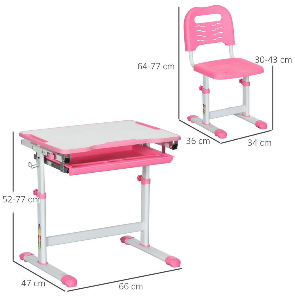 HOMCOM Set Masă și Scaun pentru Copii Reglabilă pe Înălțime, cu Blat Înclinabil 45°, 66x47x52-77 cm, Roz | Aosom Romania