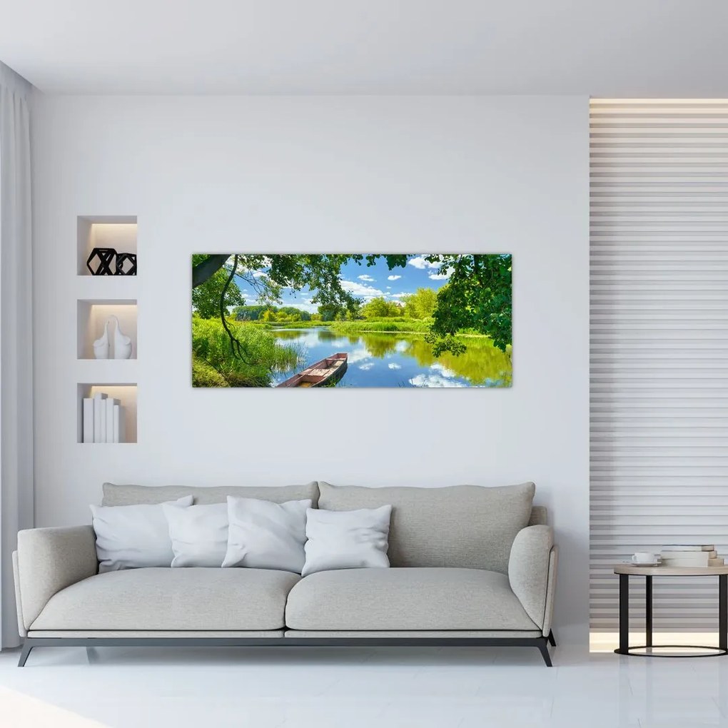 Tablou cu râu de vară și barcă (120x50 cm)