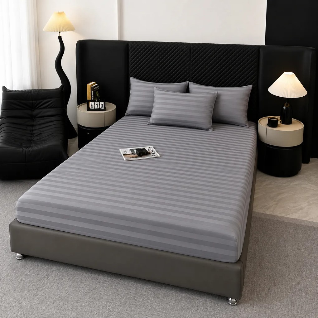Lenjerie Premium Damasc, bumbac 100%, 6 piese, pat 2 persoane, gri