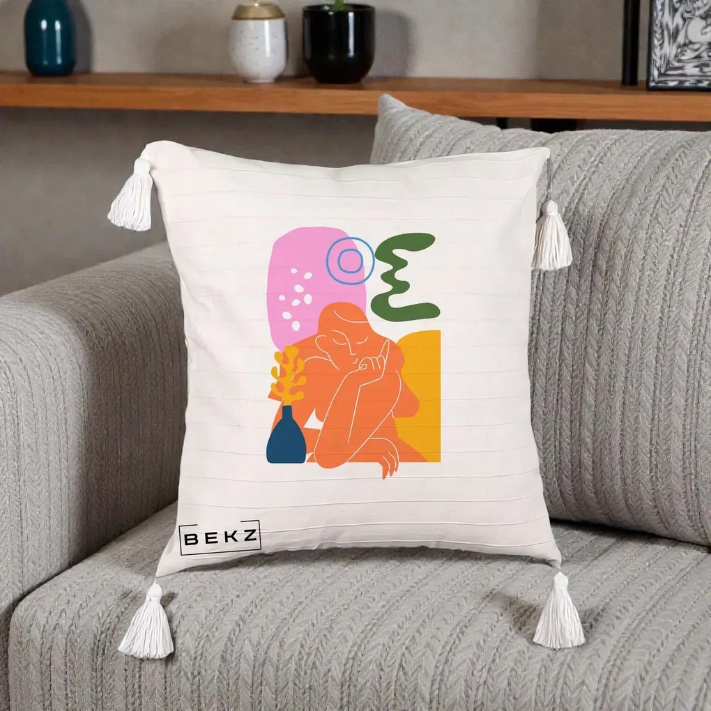 Perna Decorativa Femeie Meditand Abstract, 40x40 cm, Bej cu Franjuri, Husa Detasabila, Perna Inclusa, BEKZ®