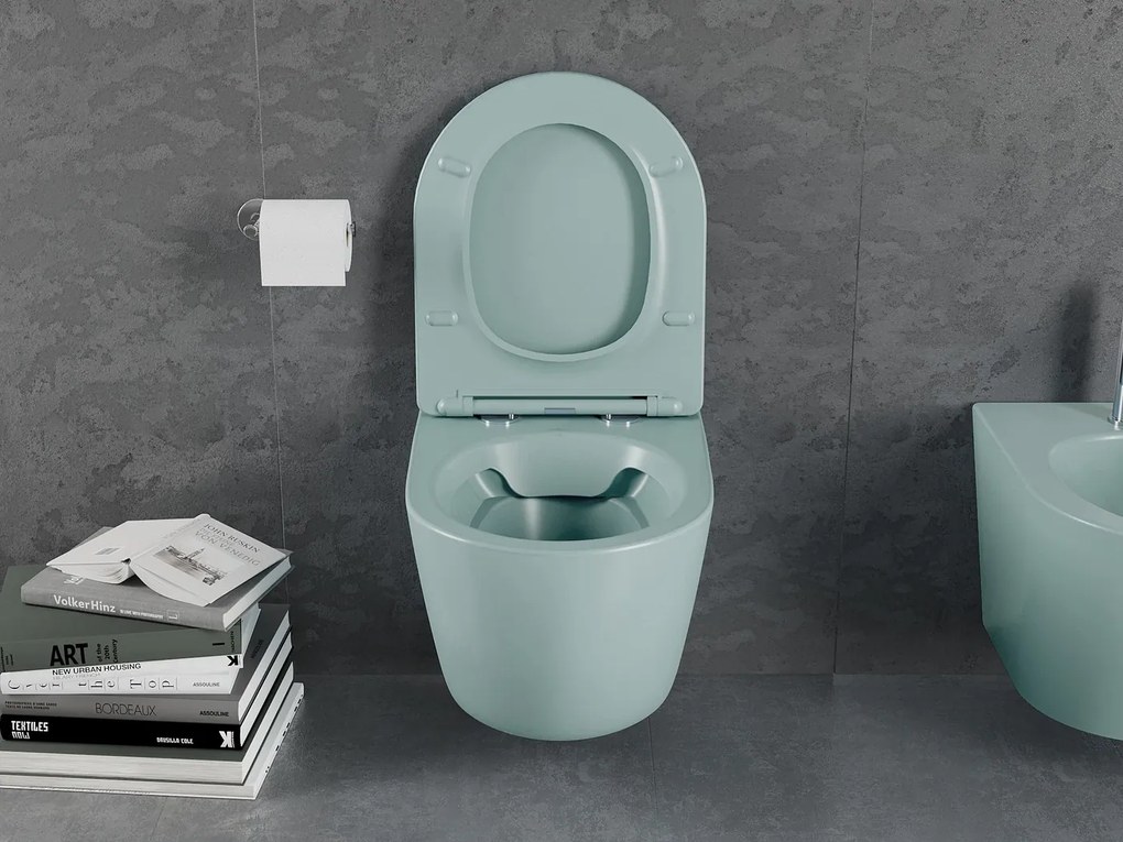 Set vas wc rimless suspendat, Rotund, Foglia Oslo si capac softclose verde turcoaz mat Verde turcoaz mat