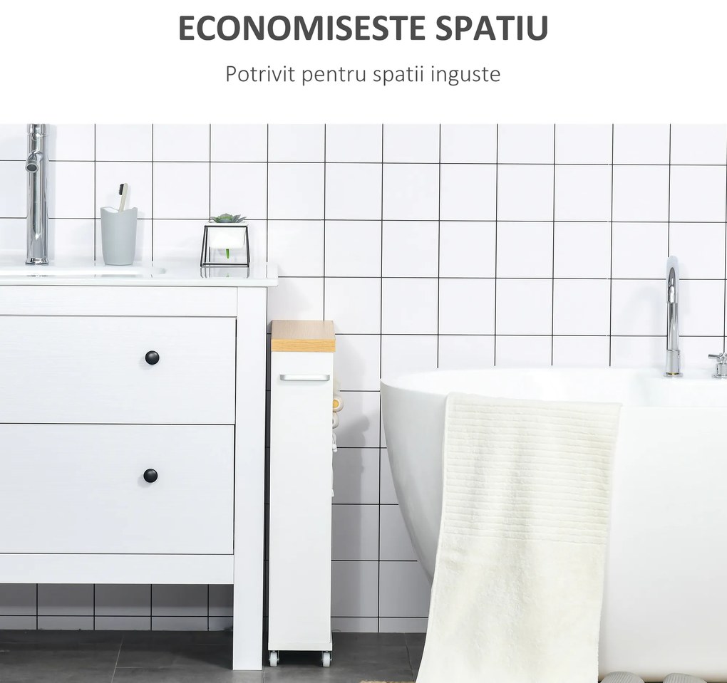 kleankin Dulapior Mobil pentru baie economisire spatiu cu 4 roti raft,manere laterale, 50x13x67.5cm