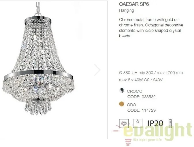 Lustra, Pendul cristal, inaltime reglabila, diam.38cm, CAESAR SP6 CROMO 033532