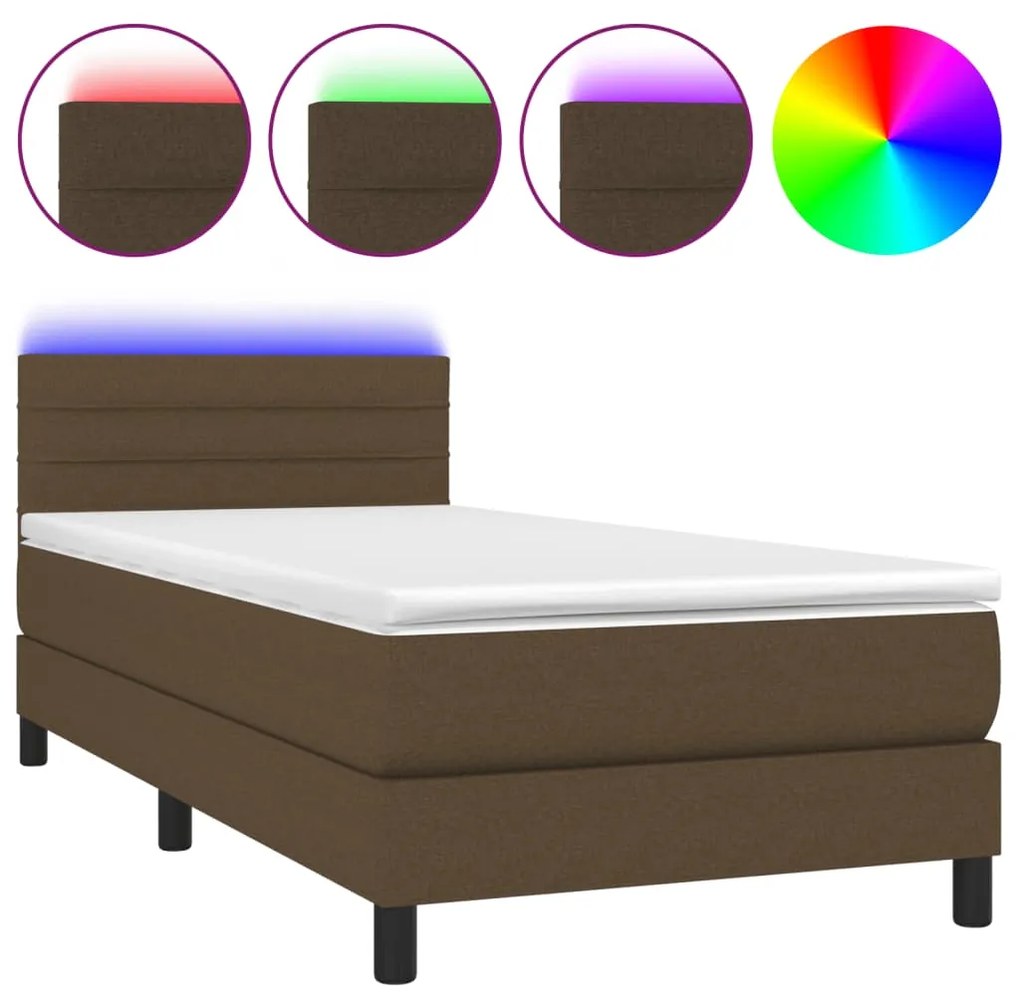 3133192 vidaXL Pat cu arcuri, saltea și LED, maro închis, 80x200 cm, textil
