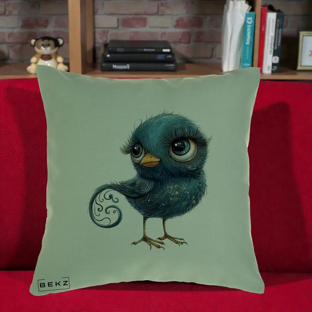 Perna Decorativa Pasare Teal cu Motive Aurii si Coada Spiralata, 40x40 cm, Verde, Husa Detasabila, Perna Inclusa, BEKZ®